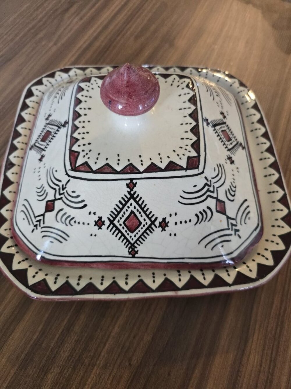 Vintage Hand Painted Ceramic Butter Dish w/ Lid Boho Southwestern Design